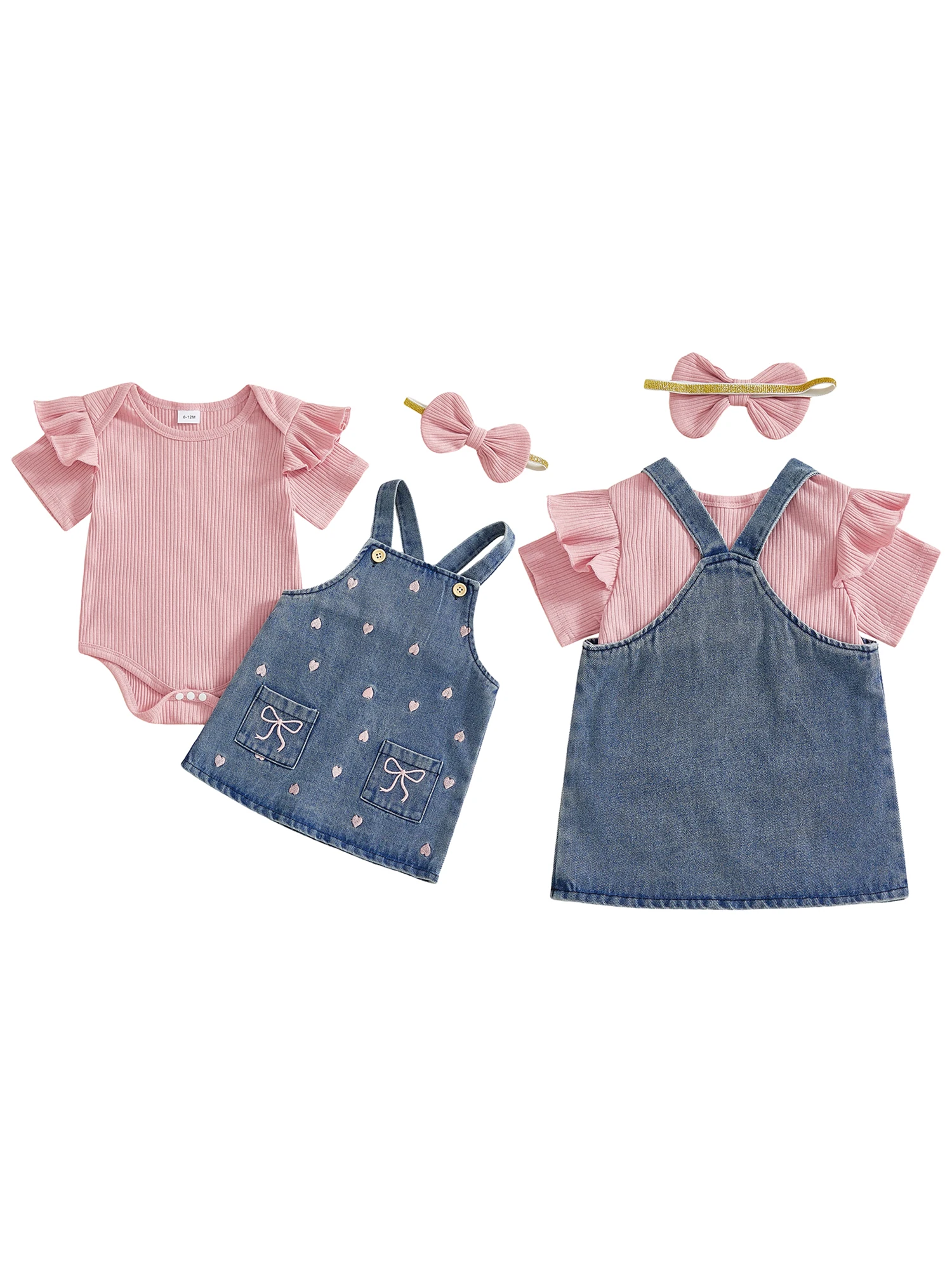 

3Pcs Baby Girl Valentine s Day Outfit Ruffle Sleeve Crew Neck Romper Heart Embroidery Overall Dress and Headband Set with Bow