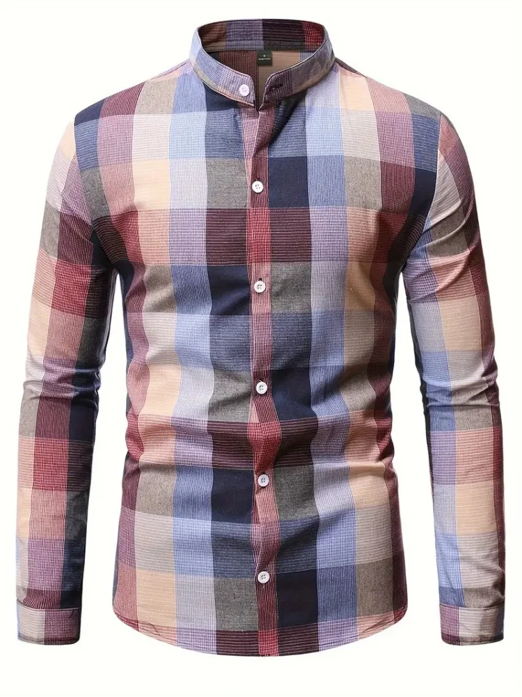 2025 nueva camisa informal a cuadros de manga larga con cuello levantado para hombre, ropa de moda para viajes de negocios para las cuatro estaciones