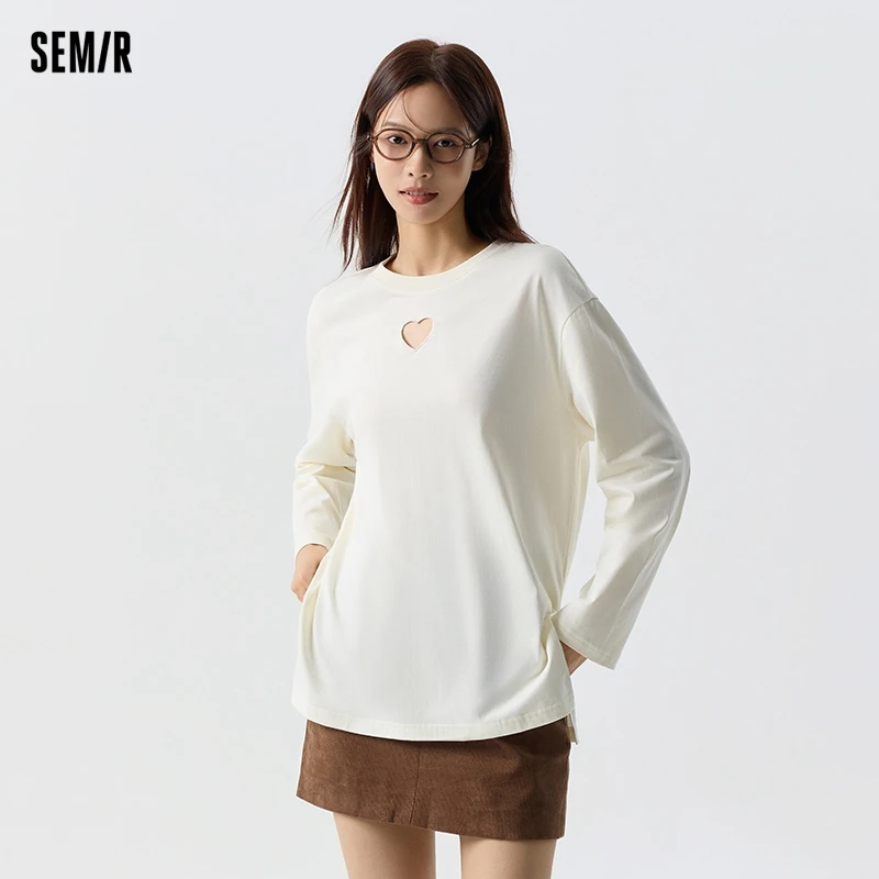 Semir 2024 여성용 긴팔 티셔츠, 중간 길이 순면 할로우 러브 용수철, 히알루론산 루즈 슬릿 상의, 신상