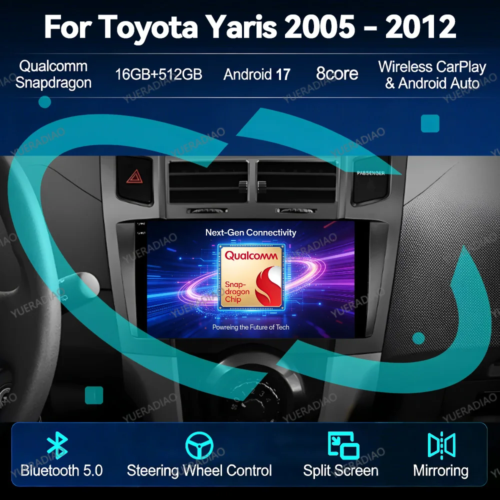 Android 17 Car Radio For Toyota Yaris Xp90 2005 - 2012 Qualcomm Head Unit Multimedia Viedo Player 4G WIFI GPS Navigation QLED BT