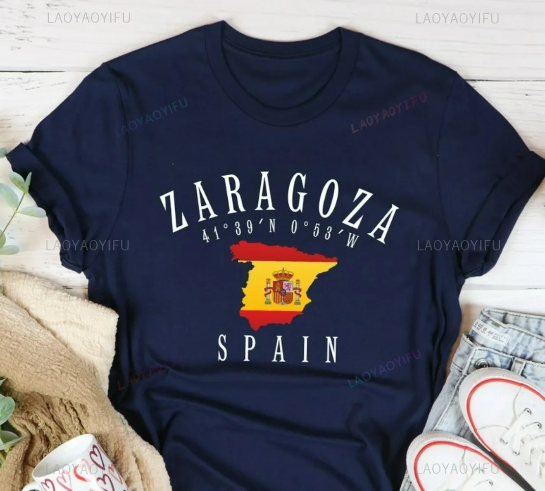 سرقسطة إسبانيا العلم القطن تي شيرت الهدايا التذكارية السياحية أفضل صديق زوجين ملابس بسيطة ومتعددة الاستخدامات ألوان وأنماط مختلفة