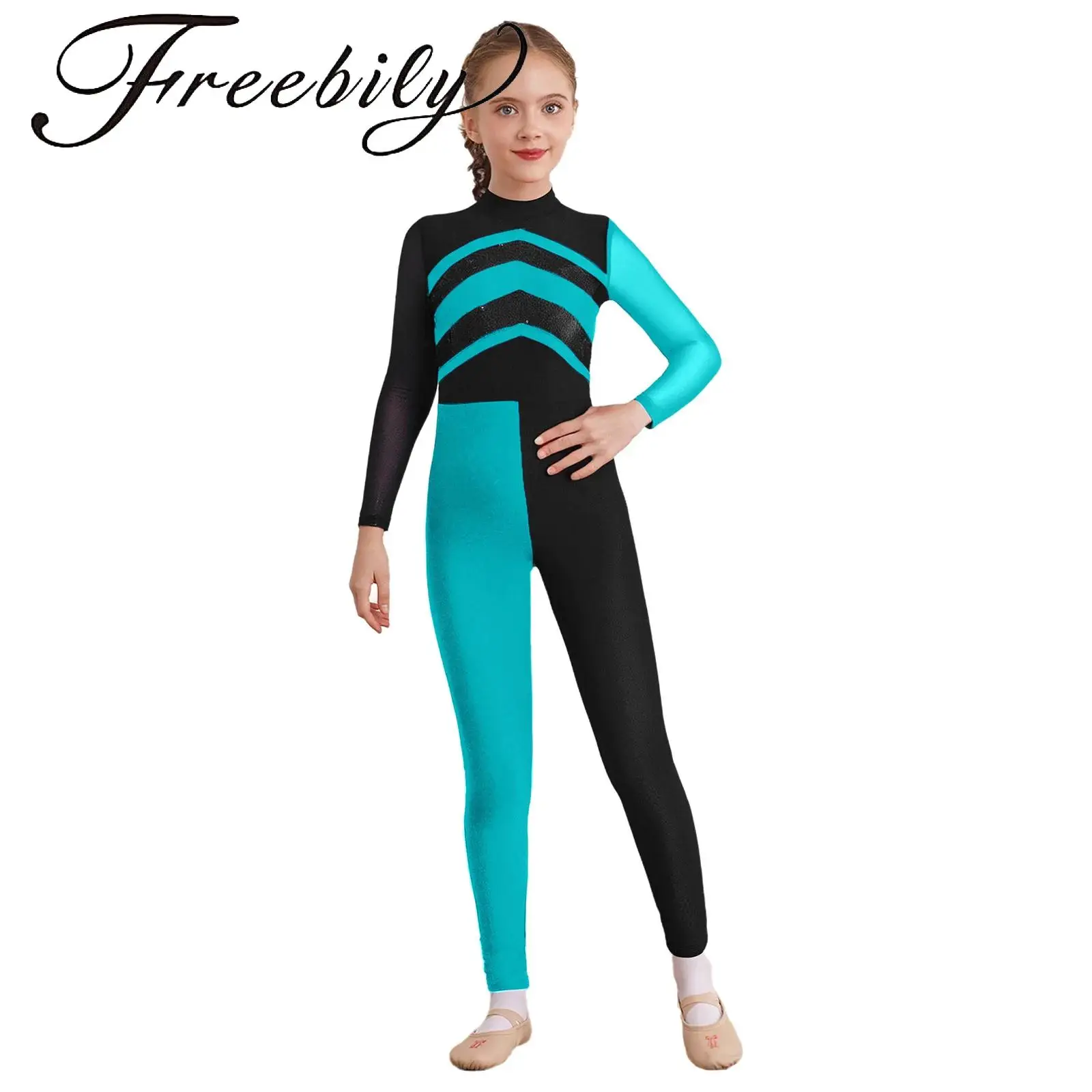 

Kids Girls Color Block Dance Jumpsuit Shiny Sequins Jumpsuit Mock Neck Sheer Mesh Long Sleeves Cutout Back Gymnastics Bodysuit