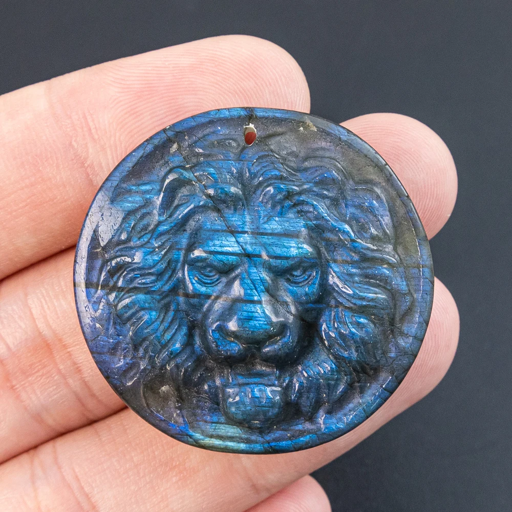 

Genuine Natural Labradorite Component 38X38X9MM Golden Blue Flash Carved Lion Head Pendant for Jewelry Making Diy Necklace