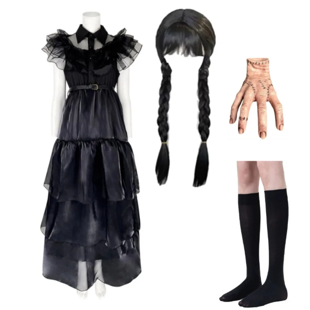 

Wednesday Addams Cosplay Dress for Girl Kids Movie Black Gothic Cosplay Costumes Hand Socks Wig Halloween Party Women Clothes