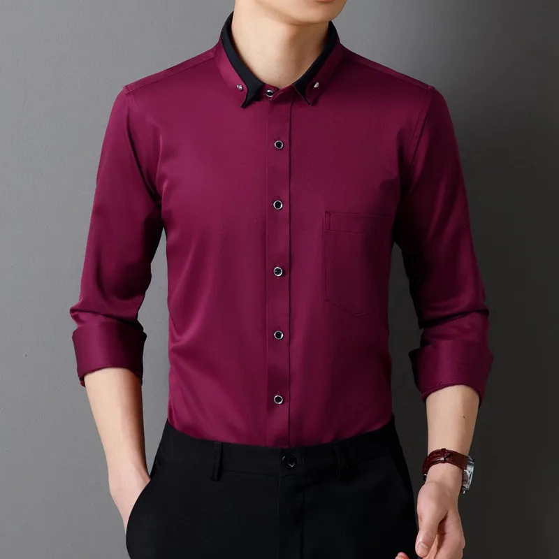 New Men Dress Shirts Long Sleeve Calssic Formal Business Social Solid Color Office Party Slim Fit White-Black-Red-Blue-Purple