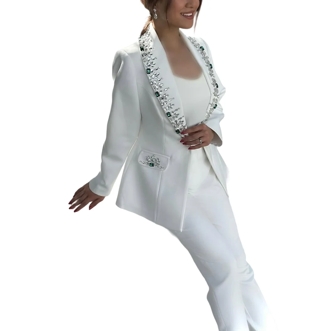 Elegant Women's Dresses Suit Gowns Beads Lapel One Button Jacket And Pants For Female Satin 2 Pieces Suit Customized