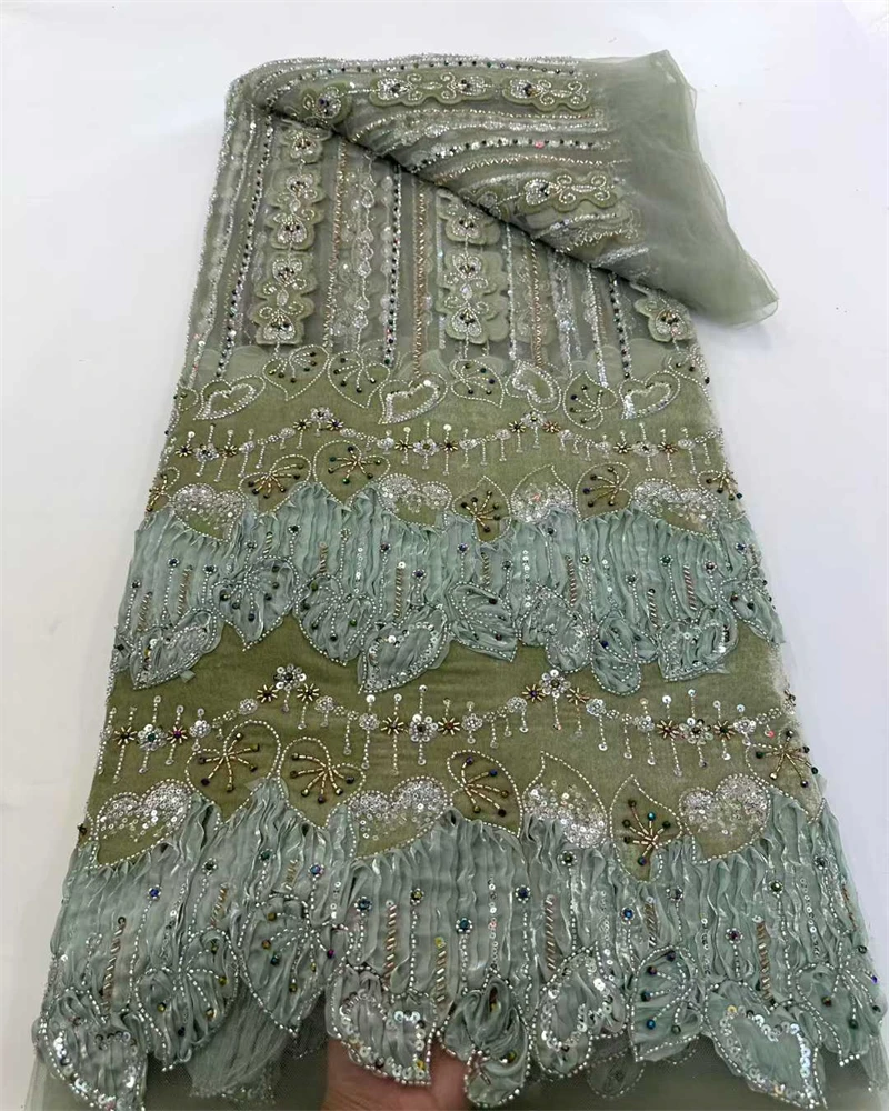 

OLOEY African Nigerian Velvet Lace Fabric High-Quality Embroidery Lace French Tulle Lace Fabric Sequins Beaded for Bridal Dresse