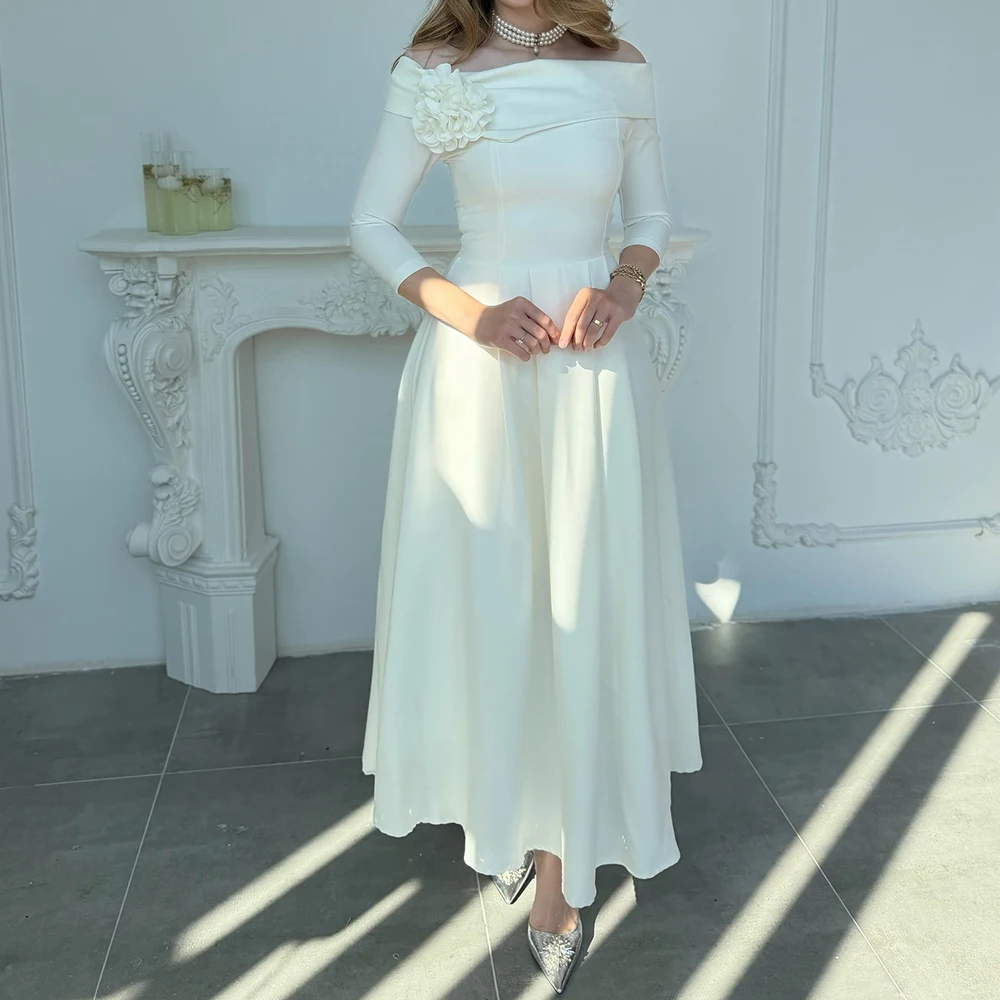 

Вечерние платья трапециевидной формы по индивидуальному заказу, длиной до колена, с открытыми плечами, с рукавами три четверти, платье для выпускного вечера, модное вечернее платье с драпировкой в виде цветов