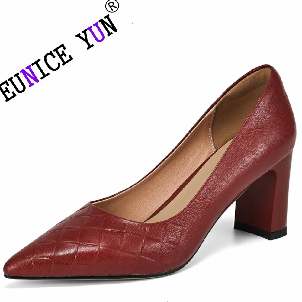 

【EUNICE YUN】New Women Genuine Leather Pumps Flock Sweet Thick Female Sexy Office Pointed Toe Dress Work Pump Cute Shoes 34-42