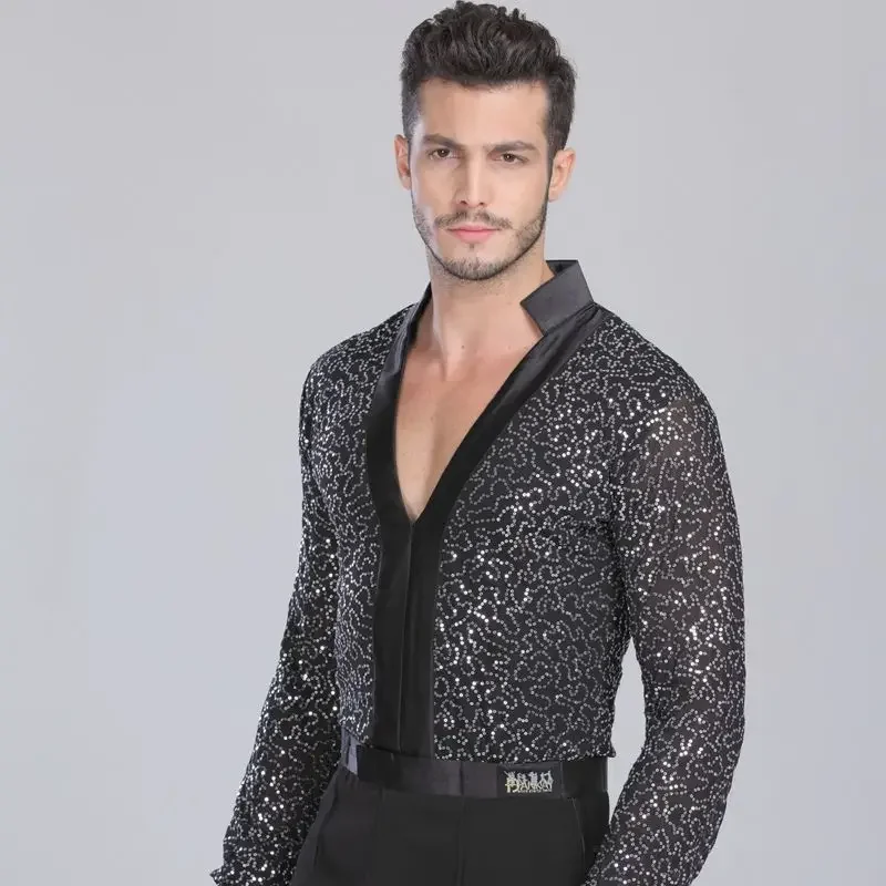 MEN Dance Waltz Ballroom Dance Long Shirt Garment Performance latin man shirts Garment Top Men Latin Dance Lace black Garment