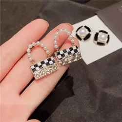 New Elegant Black White Grid Bag Pearl S925 Silver Needle Drop Earrings For Women Female Temperament Design Light Luxury Earring