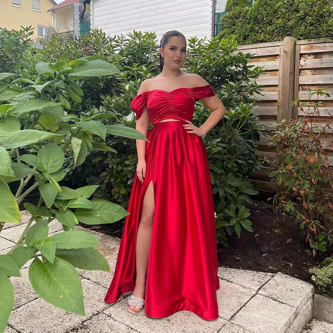 Two Pieces Prom Dresses Sweetheart Off Shoulder Women Wear Long Ruched Side Split Evening Party Formal Occasion Vestidos