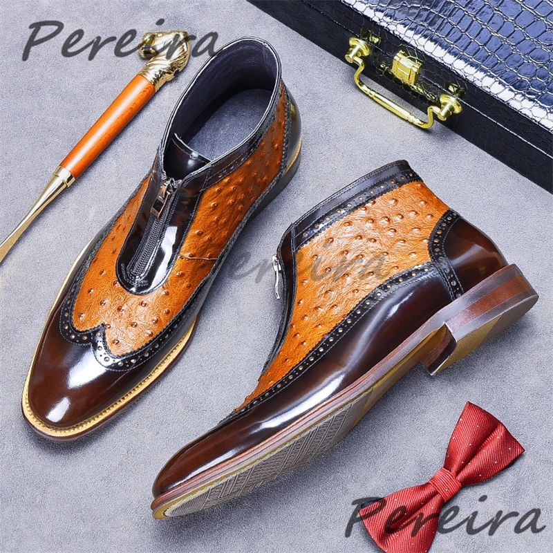 Ostrich Patterned Genuine Leather Ankle Boots Mixed Colors Cowhide Front Zipper Ankle Boots British Style Men's High Top Shoes