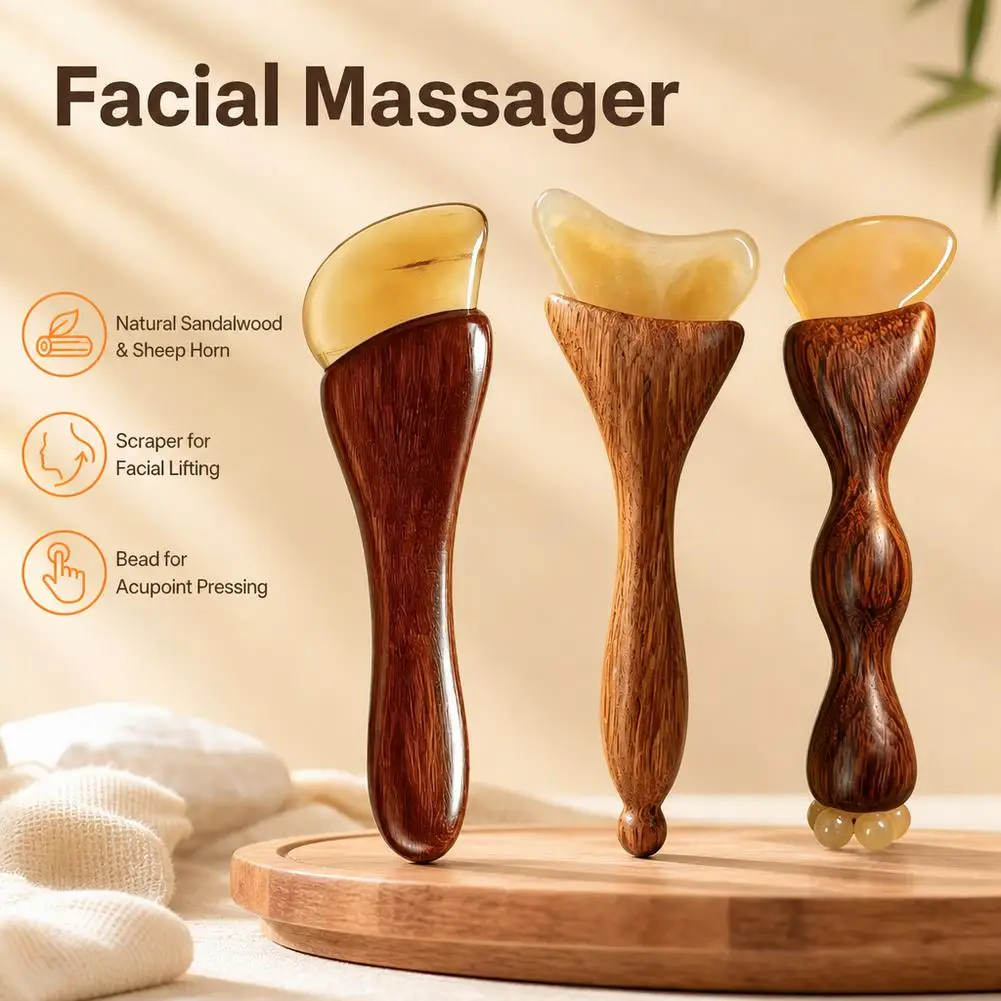 Natural Sheep Horn Gua Sha Tool With Non Slip Wooden Handle Lymphatic Massager For Facial Depuffing Massage Home Spa Use