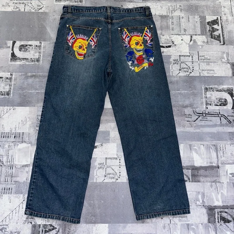 

Fashion Oversize Skull Pattern Embroidery Baggy Jeans Women Y2K Streetwear New Hip Hop Popular High Waist Wide Leg Pants