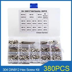 380pcs M3 Hexagon Hex Socket Cap Head Screw Set DIN912 304 Stainless Steel Allen Bolt Screw with Washer Assortment Kit