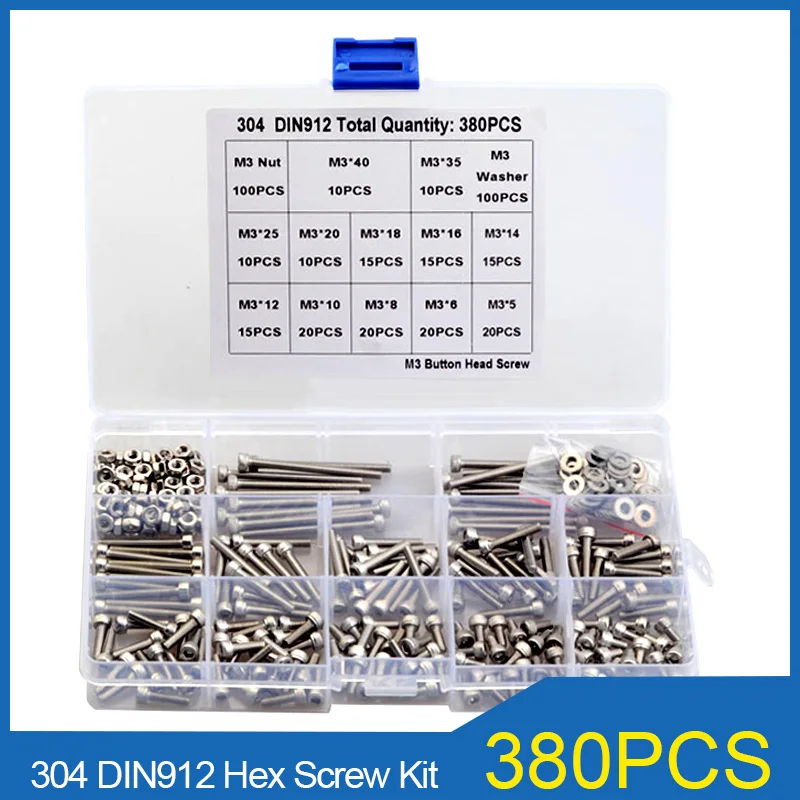 380pcs M3 Hexagon Hex Socket Cap Head Screw Set DIN912 304 Stainless Steel Allen Bolt  Screw with Washer Assortment Kit