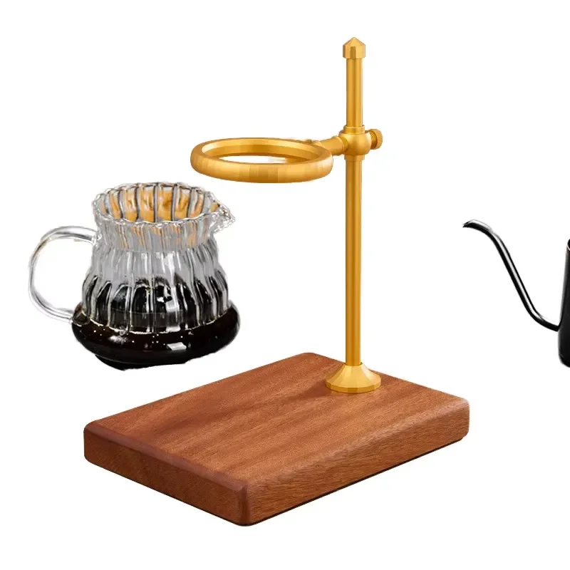 Retro English Light Luxury Hand Brewed Coffee Filter Cup Holder Set with Shabili Wood Base and Brass Frame for Home Decor