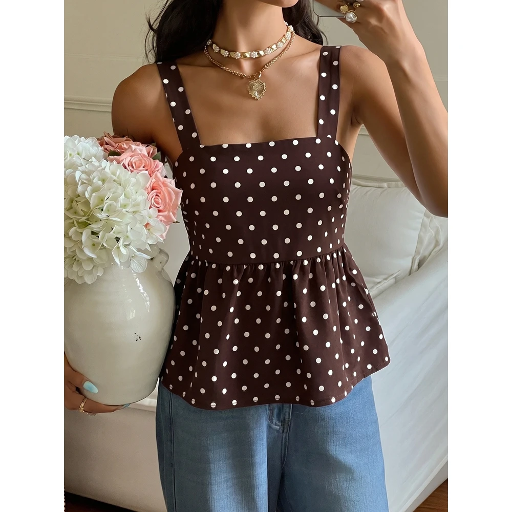 Women Brown Polka Dot Peplum Cami Top Back Bow Tie Sleeveless Tank Top, Loose Flared Hem Hide Belly Slim Fit Summer Camisole