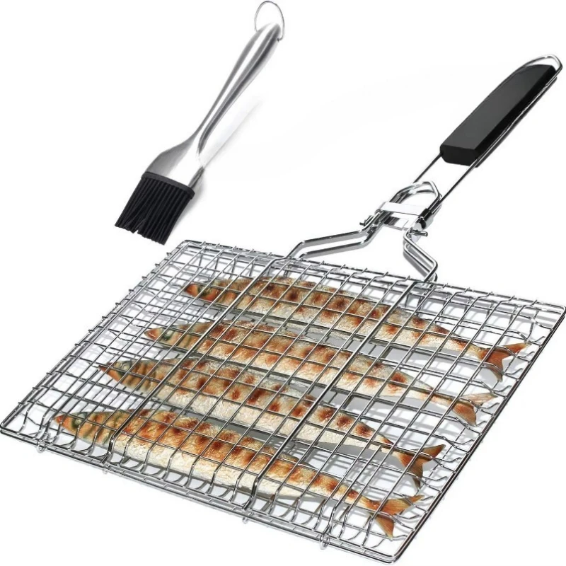 BBQ Basket Foldable Portable Stainless Steel BBQ Grill Wooden Handle Durable Tool for Fish, Vegetables, Shrimp