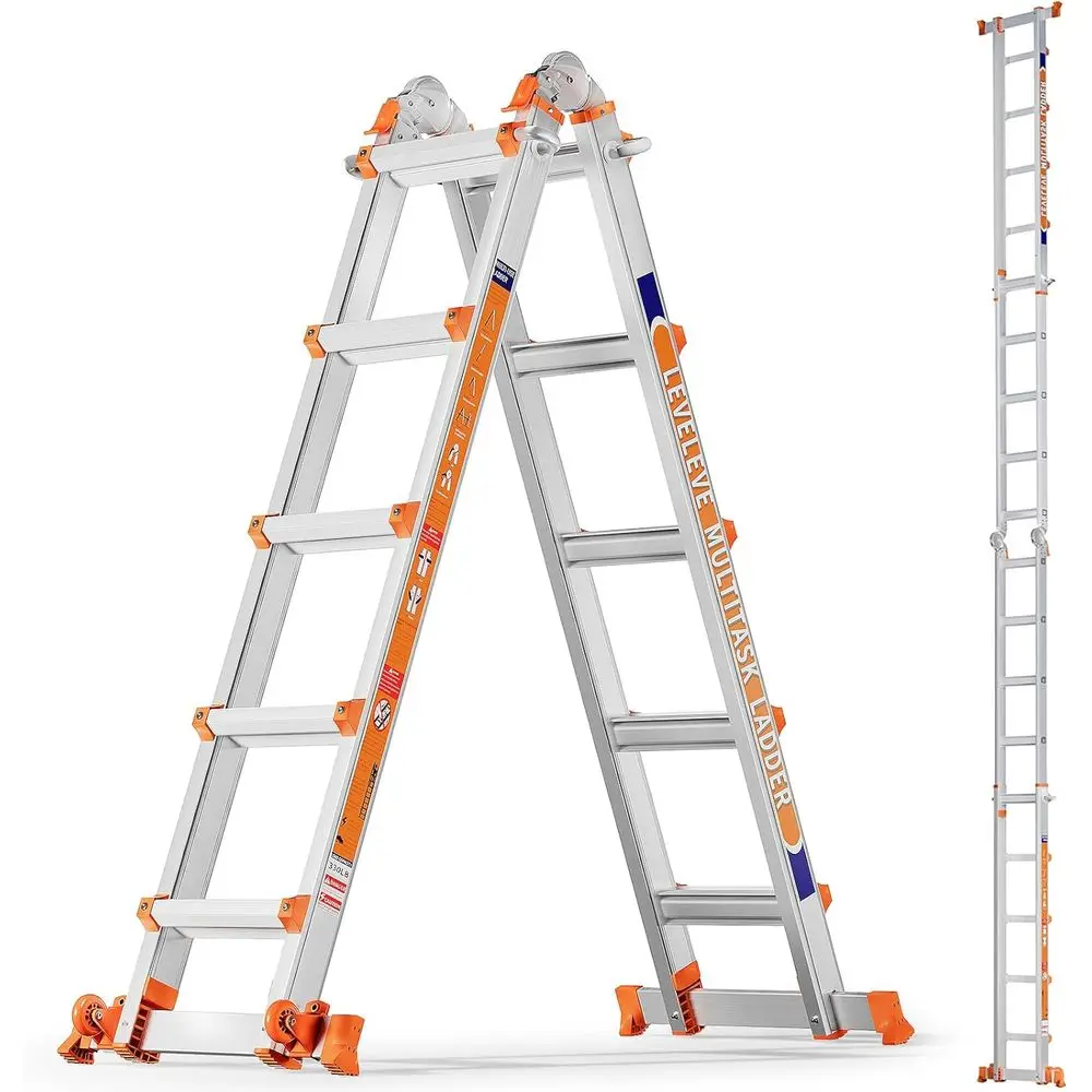 5-Step Multi-Position Ladder with Stabilizer and Wheels, 330 lbs Load Capacity, 17FT Extension for Home and Roof Use