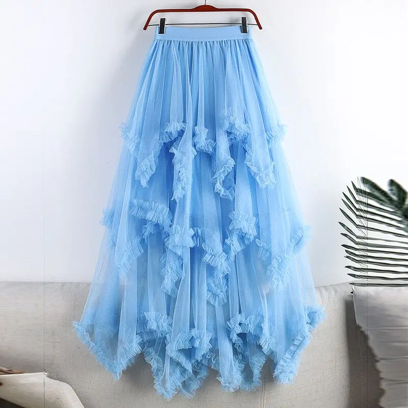 

Tutu Tulle Long Skirt for Women 2024 New Summer Korean Aesthetic Cute Irregular Mesh High Waist Maxi Skirt Female Purple