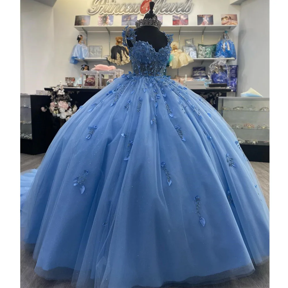 Vestido De quinceañera azul cielo, Vestido De baile con cuentas doradas, Apliques De encaje, dulce 16, Vestido De princesa con cordones, 15 Años