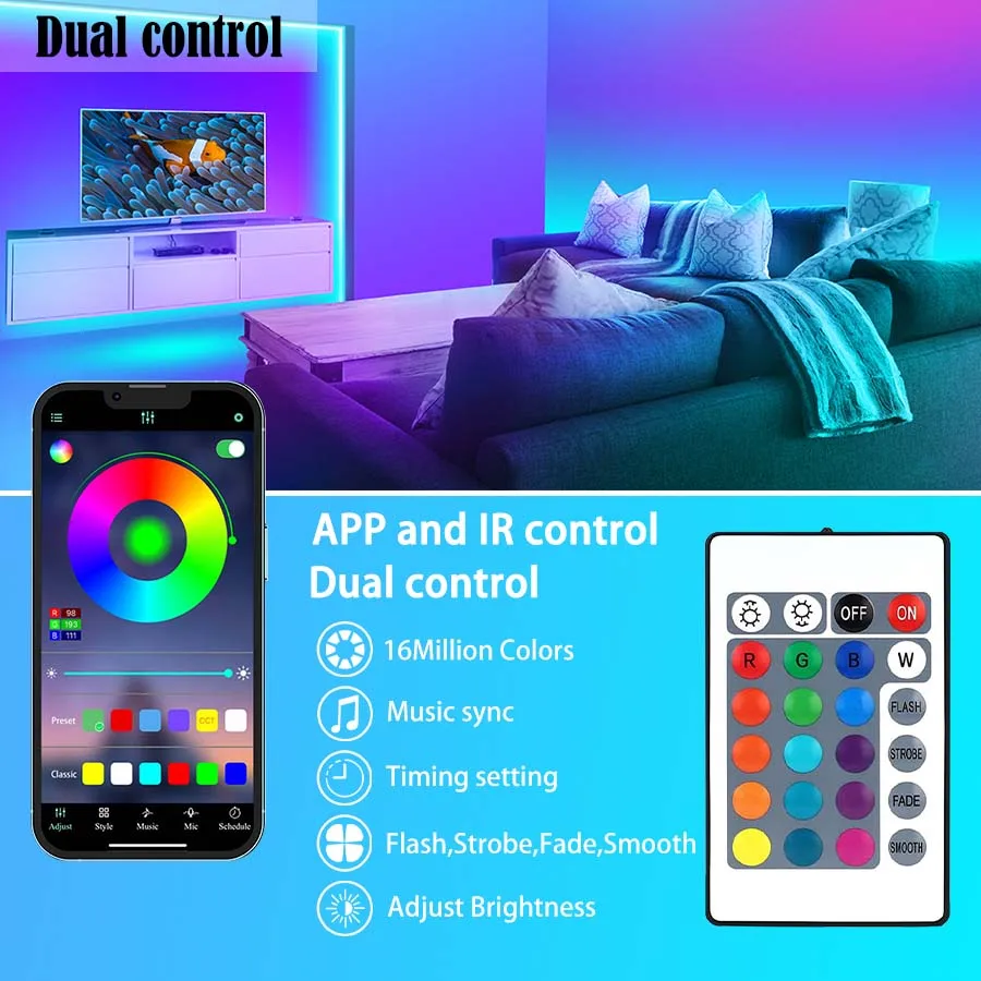 USB-powered LED strip light with 24-key remote control, app control, RGB color changing, suitable for home theaters and game roo