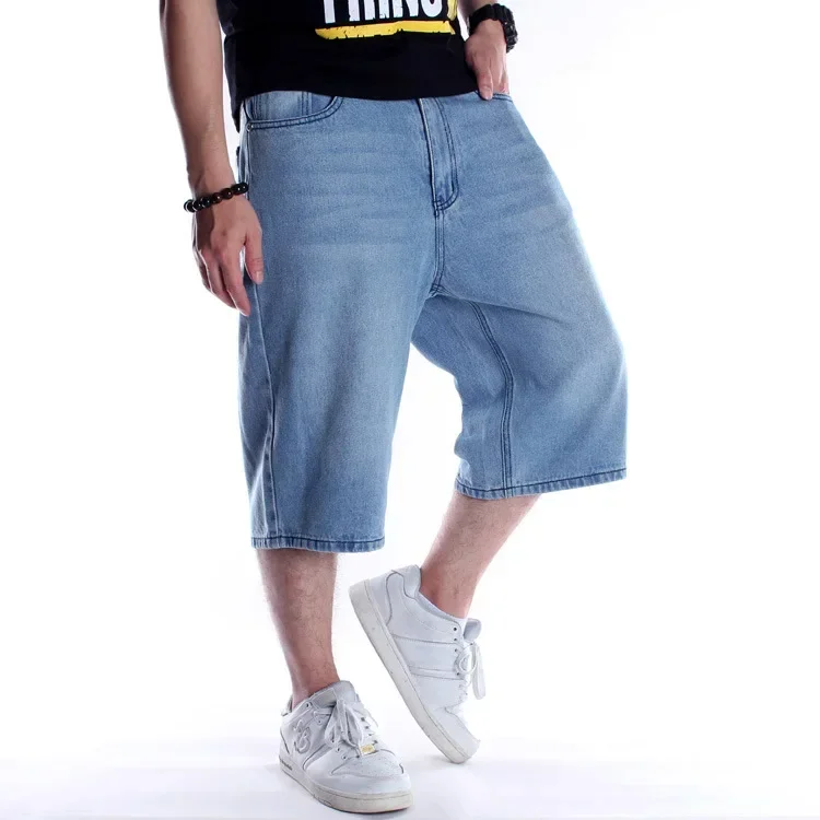 

Summer New Fashion Men's Casual Trendy Washed Light Blue Jeans Crops Loose Wide Leg Hiphop Denim Calf Length Pants Streetwear