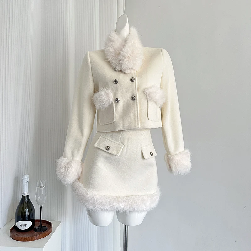 LUZHEN 2024 Winter New Fur Patchwork Design Warm Neck Short Solid Color Jacket Women's Casual Skirt Two-piece Sets AA2205