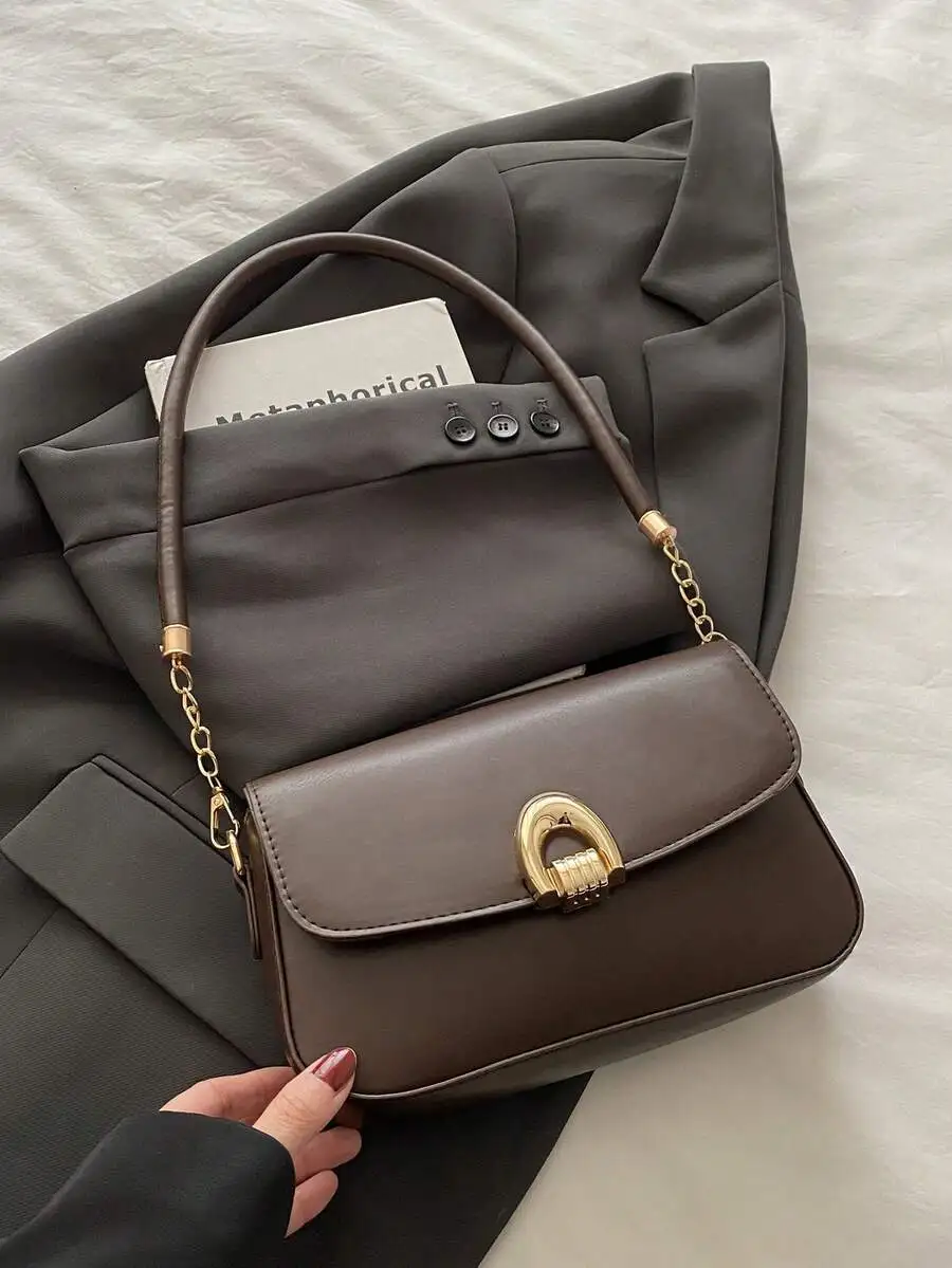 

Metallic Decor Solid Color Underarm Shoulder Bag, perfect for commute, business, travel, picnic and campus life.