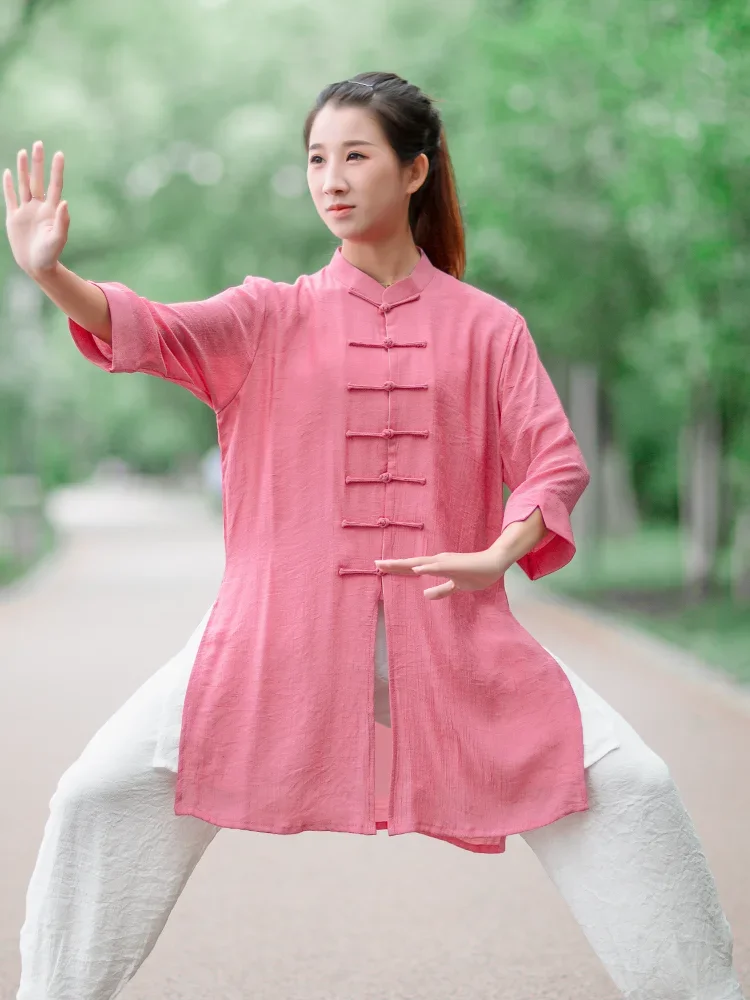 

Summer Breathable Short Sleeve Kung Fu Shirts Wing Chun Training Vintage Sport Tops Martial Arts Taichi Uniform Long Suit