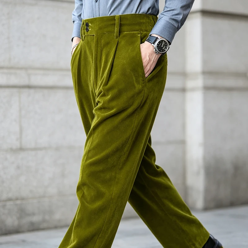 Luxury Men's Velvet Pants High Waist Double Pleat Slim Suit Straight Leg Trousers Business Casual for Formal Wedding Party image 3