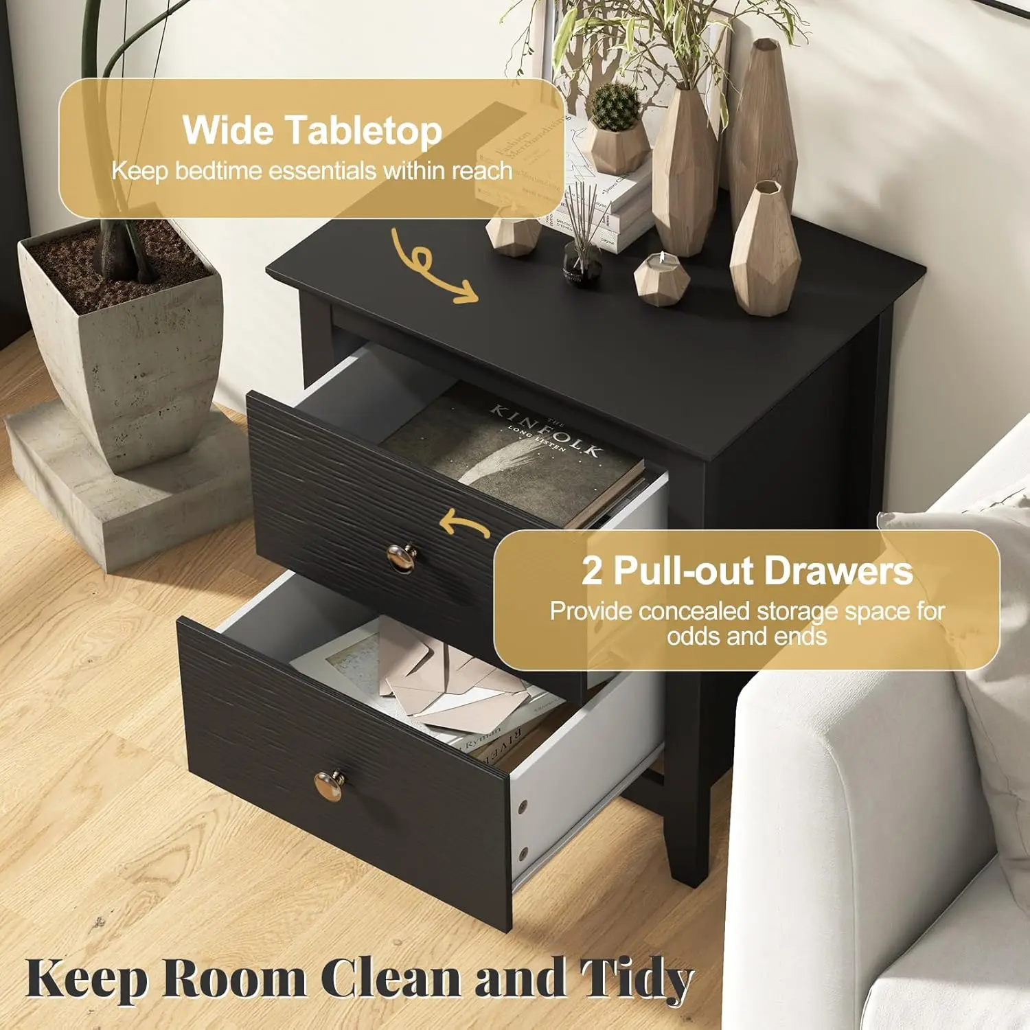 Nightstands Set of 2, Modern 2 Drawers Night Stands with Handles, Sofa Side Table with Sturdy Legs for Small, Customized - view 5