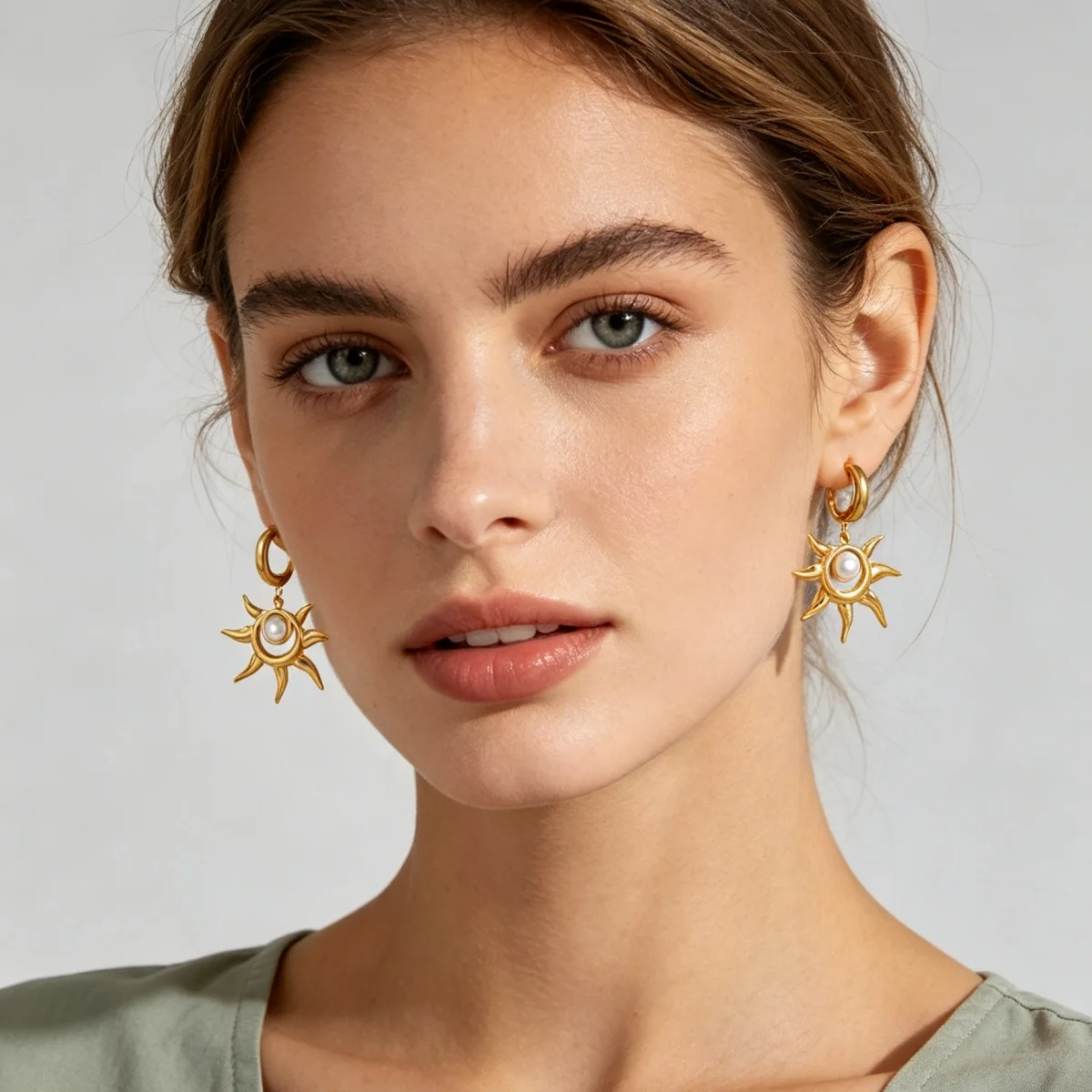 Vintage Sunburst Imitationsperlen-Ohrhänger für Damen, goldfarben, Edelstahl, Creolen, hängende Ohrringe, Schmuck – Detail 6