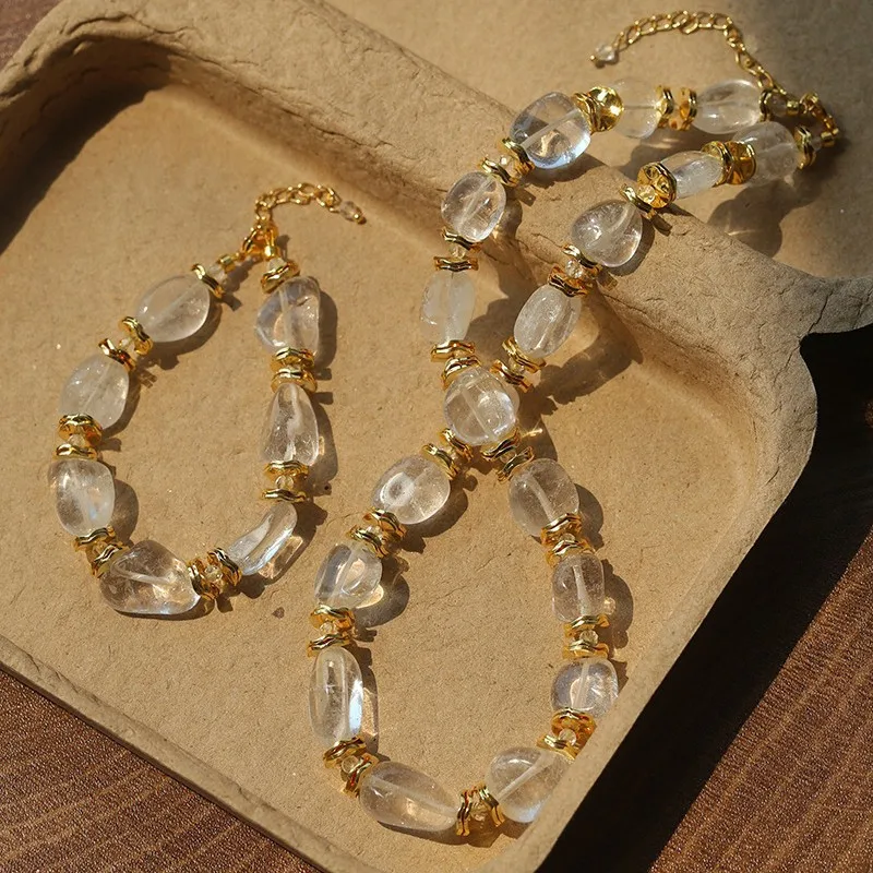 

Europe America Vintage Natural White Crystal Necklace Bracelet Luxury Set Woman High Quality Jewelry Trend