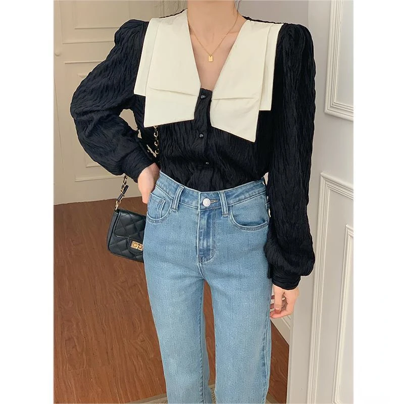 Simple Autumn Elegant Single-Breasted Blouses Women New Korean Loose Casual Vintage T-Shirts Long Sleeve Chic Sweet Tops Female