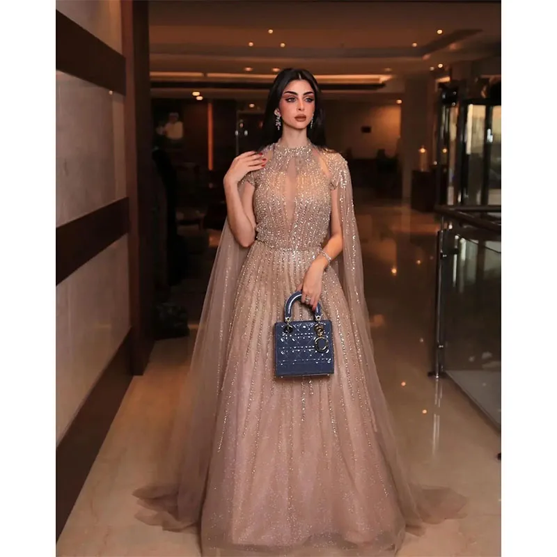 Customize High Neck Evening Dress A line Beading Prom Dresses Luxury Tulle Long Sleeves Floor-Length Party Cocktail Dress