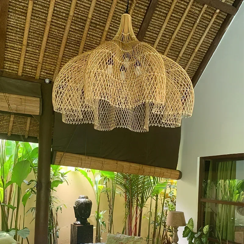 Wabi Sabi Rattan Pendant Lamp Modern Living Room Wicker Pendant Lamp Restaurant Kitchen Dining Room LED Handmade Pendant Light