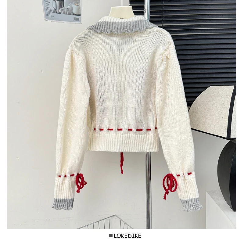 Women Cute Weaters Turn Down Collar Embroidery Floral Long Sleeve One Breasted Cardigan Coat Autumn Winter Warm Knitted Jackets