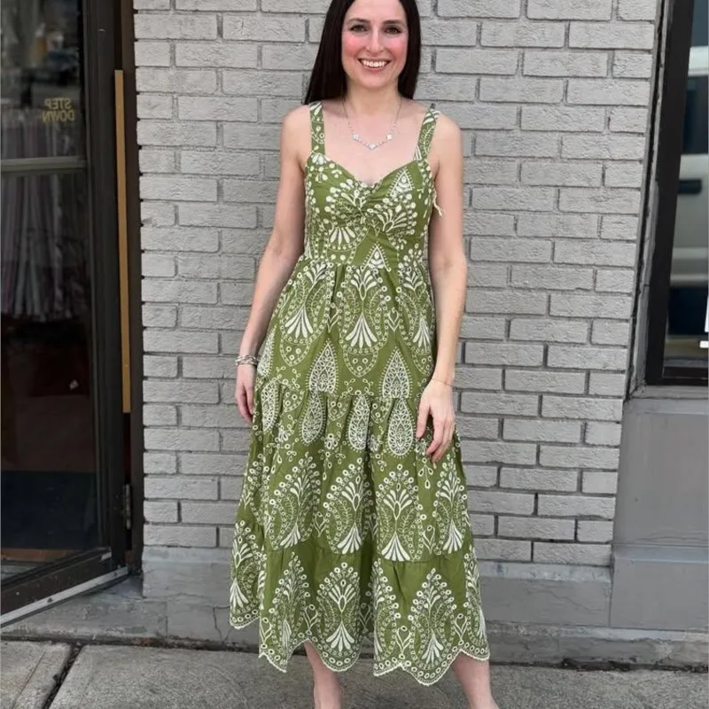 Moda Casual Hollow Out haftowana sukienka na szelkach czeski styl etniczny długa sukienka trapezowa szykowna wakacyjna sukienka plażowa 2025 nowość