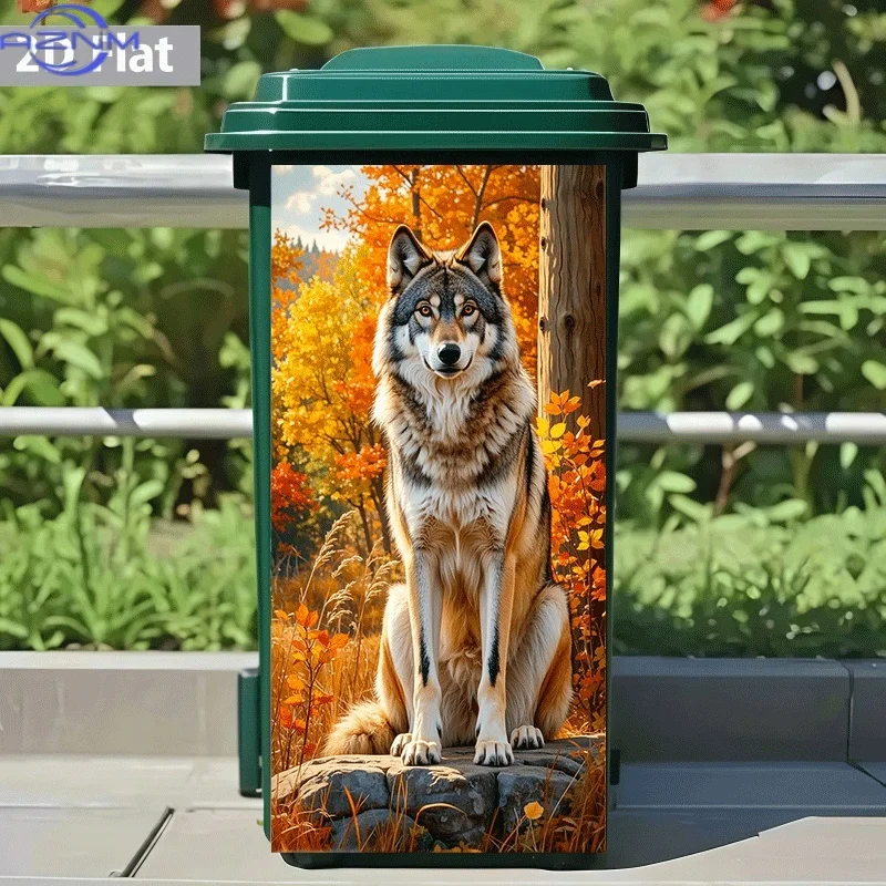 2D Flat Printing 1pc Trash Can Sticker, Lone Wolf in Autumn Forest Themed Design, Self-Adhesive Wall Decal Decorative Wallpape
