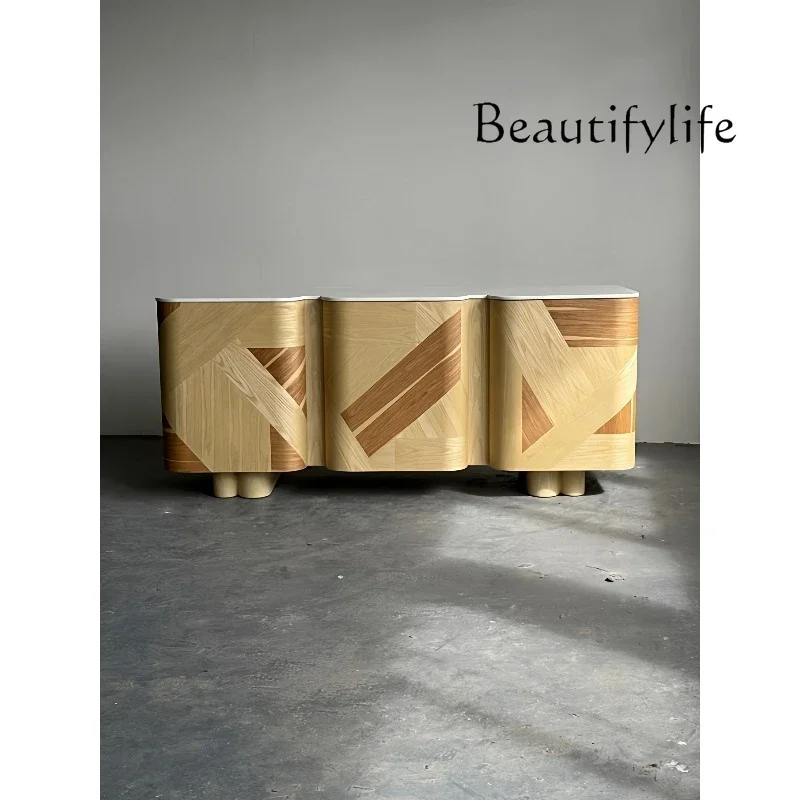 

XY Medieval Log Style Designer Home Natural Marble Countertop Solid Wood Dining Side Cabinet Creative Design