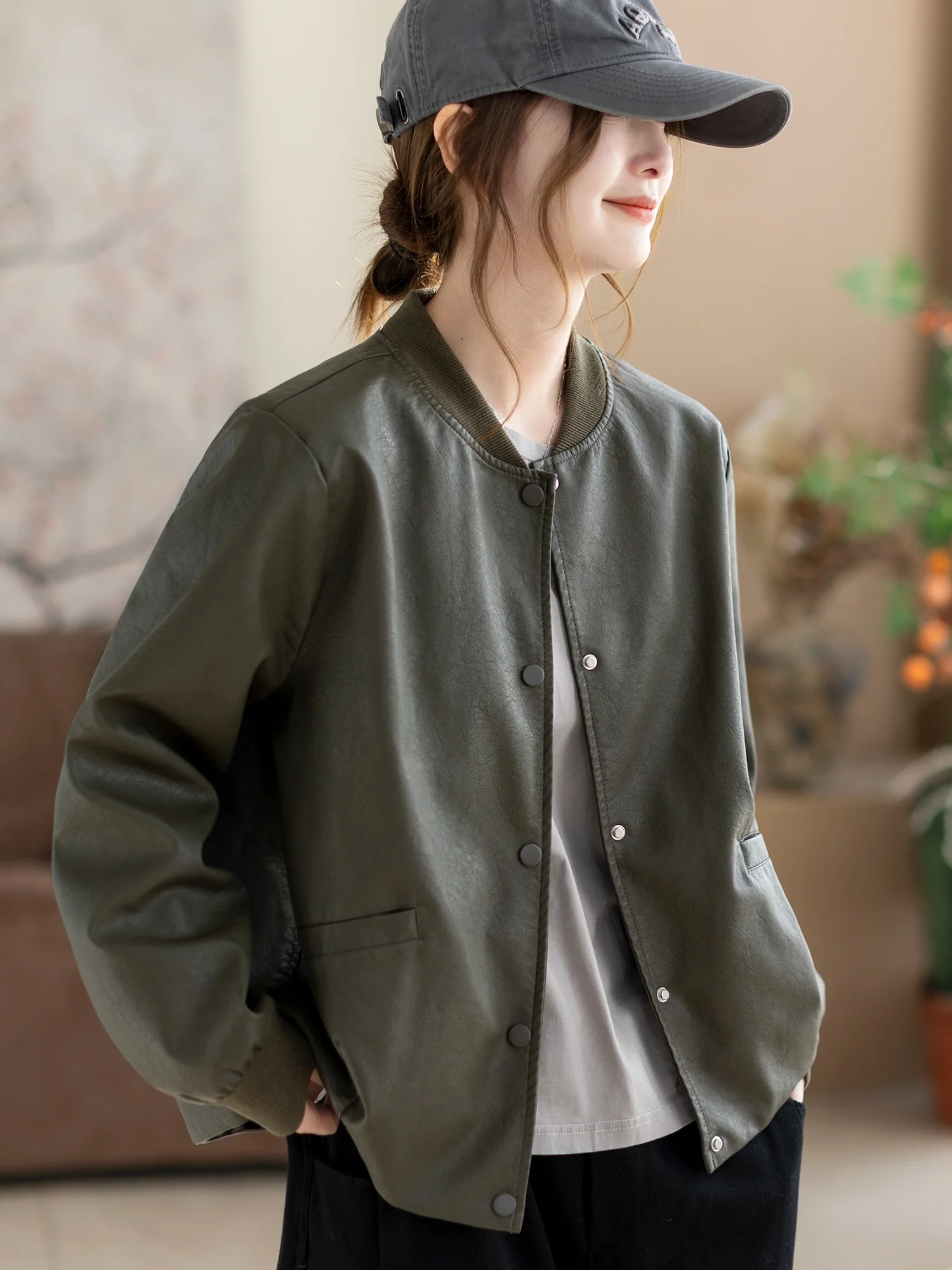 جاكيت نسائي كاجوال من الجلد الصناعي، جديد لفصلي الربيع والخريف، بأكمام طويلة وياقة مستديرة، بلون واحد، معطف أنيق للسيدات