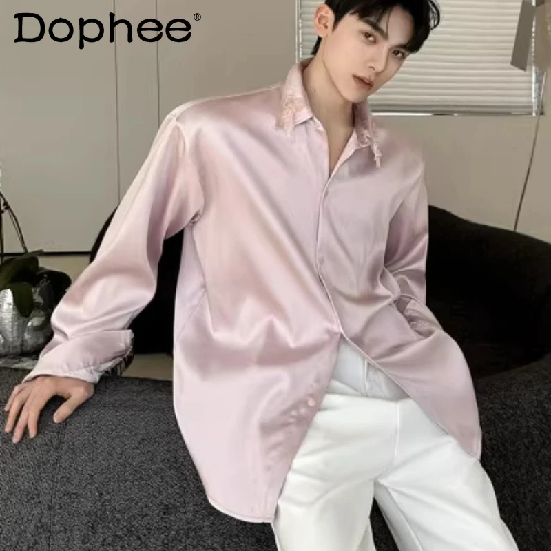 

Мужские модные рубашки с длинным рукавом из атласа с бисерной цепочкой, однотонные, простые, элегантные, шикарные топы, новинка весны 2026