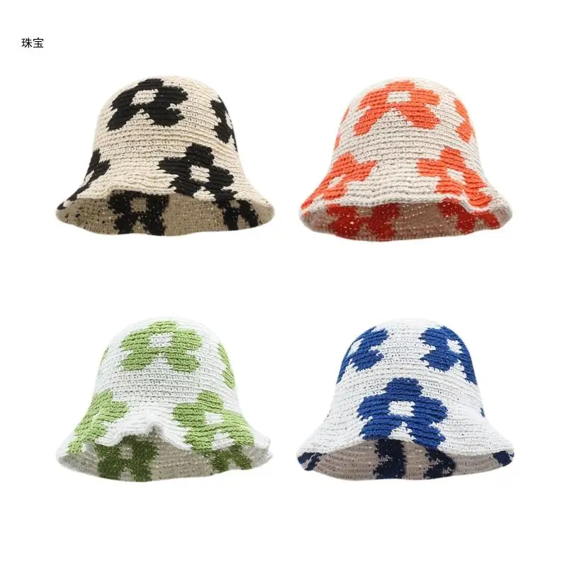 

X5QE Adult Crochet Flower Bucket Hat Foldable Wide Brims Fisherman Hat Breathable Hat