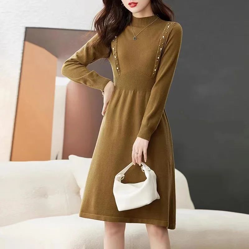 

Autumn/Winter Knitted Dresses Women's Long Sleeves Half-Turtleneck Padded Sweater Pearl Fake Two Pieces Underneath Skirt