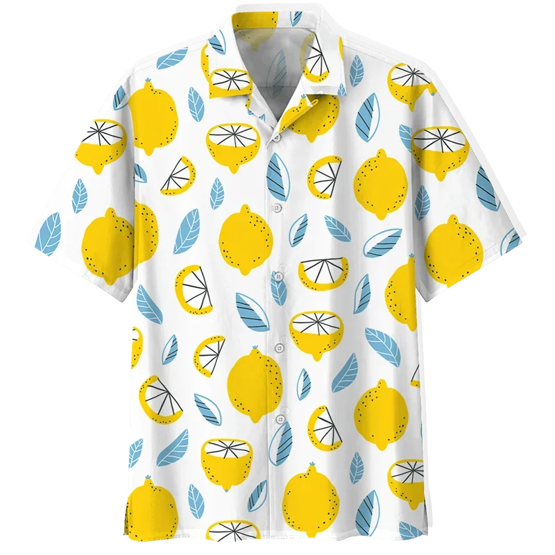 

Lemon Pattern Aloha Shirts Men 3D Printed Tropical Fruits Short Sleeve Button Blouse Streetwear Oversized Lapel Hawaiian Shirt