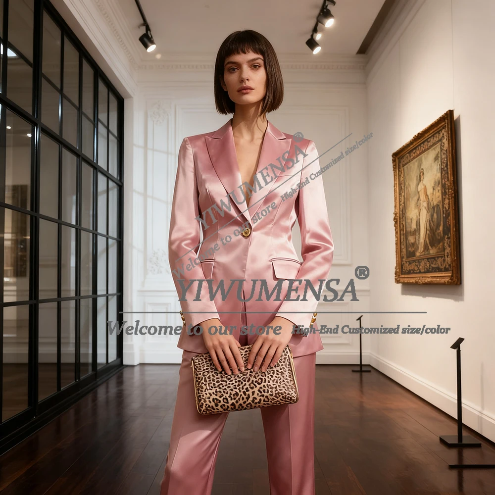 

Classic Pink Solid Satin Women Suit For Wedding Notch Lapel Blazer Customized 2 Pieces Mother Of Bride Dress Lady Banquet Attire