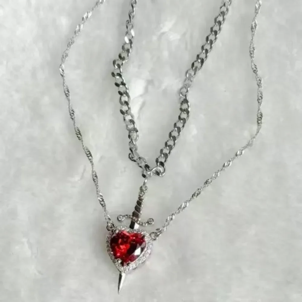 Collar de corazón y espada, collares para parejas, anillo de cristal de circón, pulsera, collar, conjunto de joyería para regalos románticos del Día de San Valentín